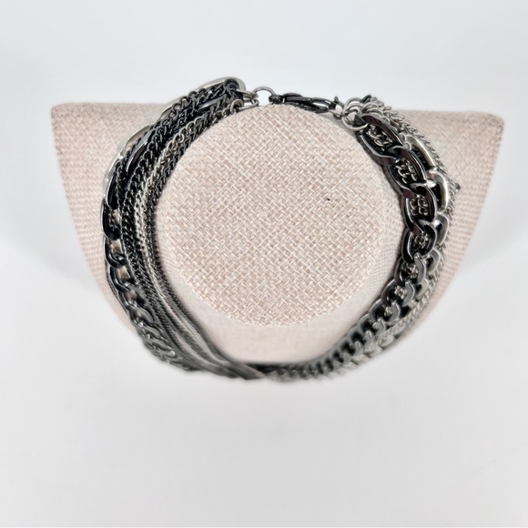 Layered Mixed Metal Chain Necklace Multi Strand Gunmetal Silver Edgy Punk Goth - Picture 5 of 15